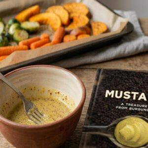 Una ciotola in terracotta con una cremina dorata alla senape ed emulsione al limone, accostata al libro "Mustard" e a una teglia di verdure al forno arrostite